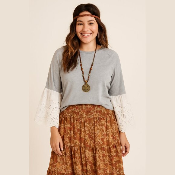 Cozy Boho Eyelet Bell Sleeve Top Gray Long Sleeve Blouse Size 2X Plus Feminine - Picture 1 of 6